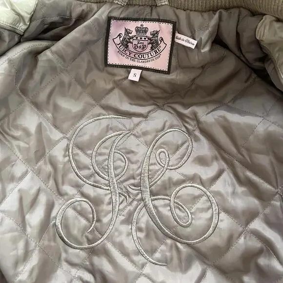 Y2K Vintage Juicy Couture Tan Puffer Jacket Faux Fur Hood Glam Winter Coat Small - Picture 8 of 9